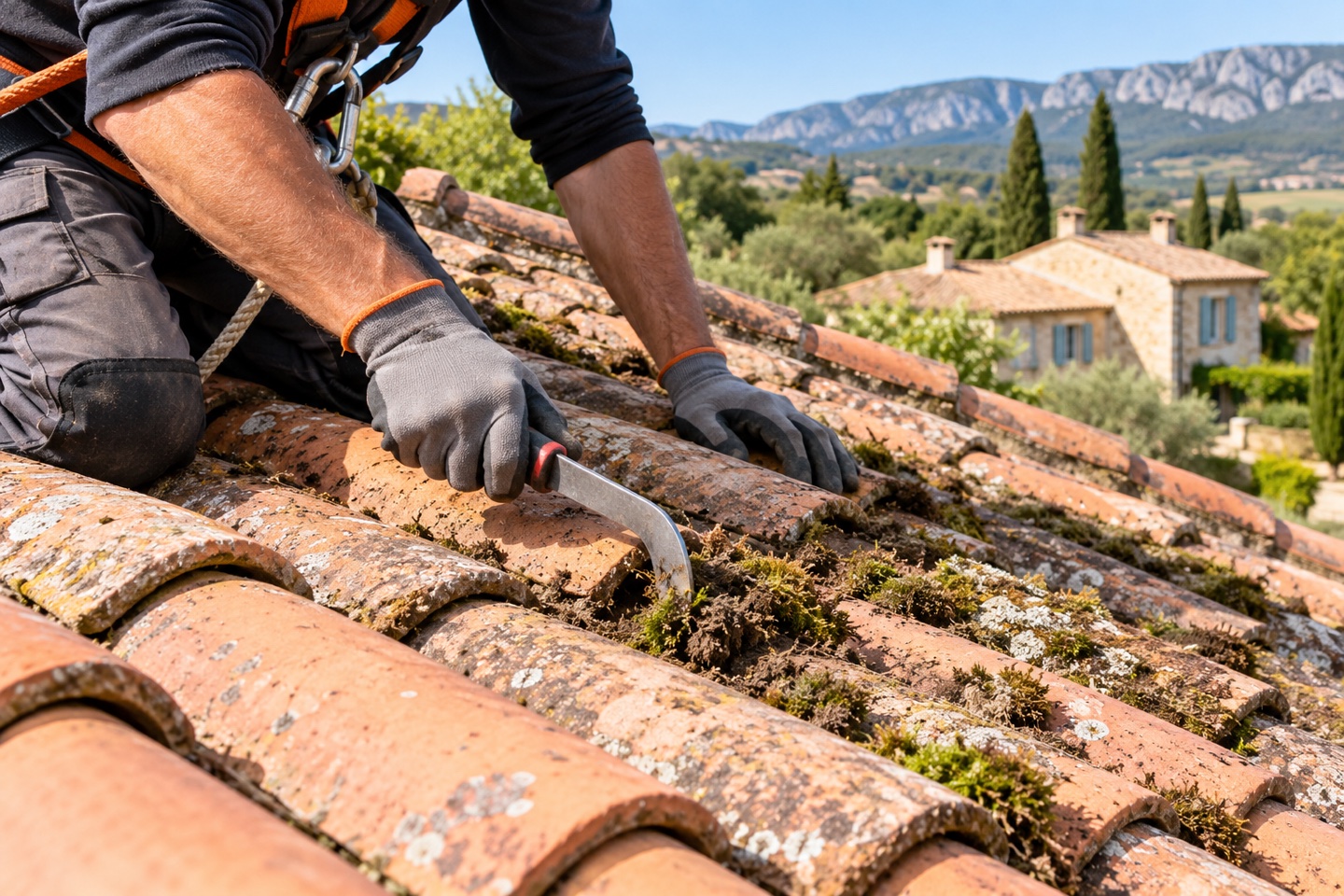 Couvreur retirant manuellement la mousse entre les tuiles d’une toiture